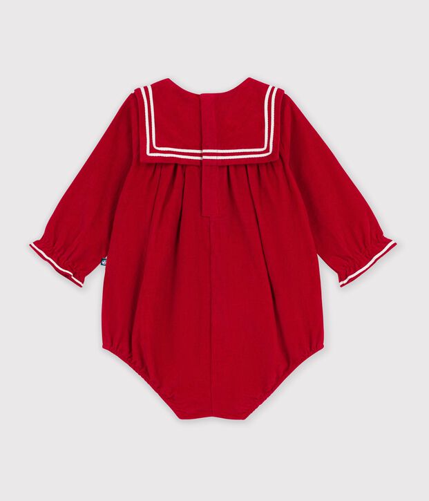 Babies' short jumpsuit in plain velour with a collar red