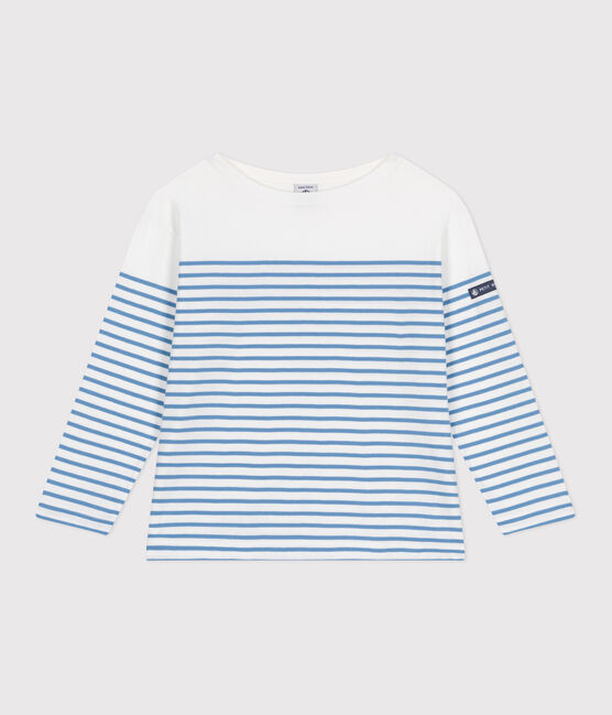 Children's long-sleeved cotton Breton T-shirt MARSHMALLOW white/ALASKA blue
