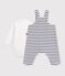 Babies' stripy cotton dungarees and collared body set white/blue