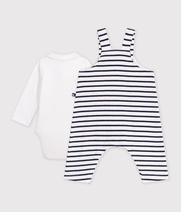 Babies' stripy cotton dungarees and collared body set white/blue