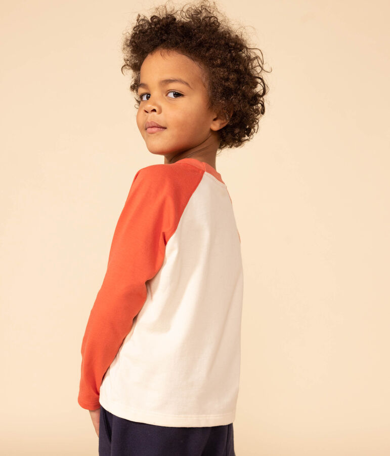 Boys' long-sleeved cotton T-shirt Ecru/orange