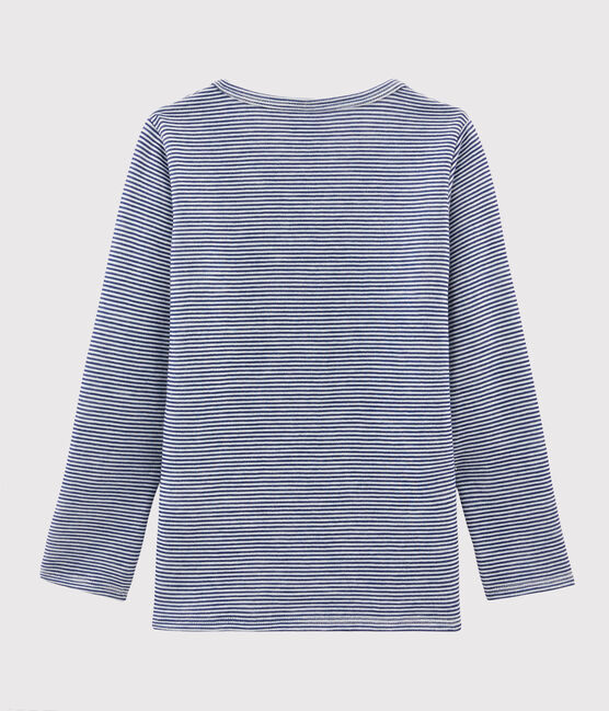 Children's Pinstriped Long-Sleeved Wool and Cotton T-Shirt MEDIEVAL blue/MARSHMALLOW white