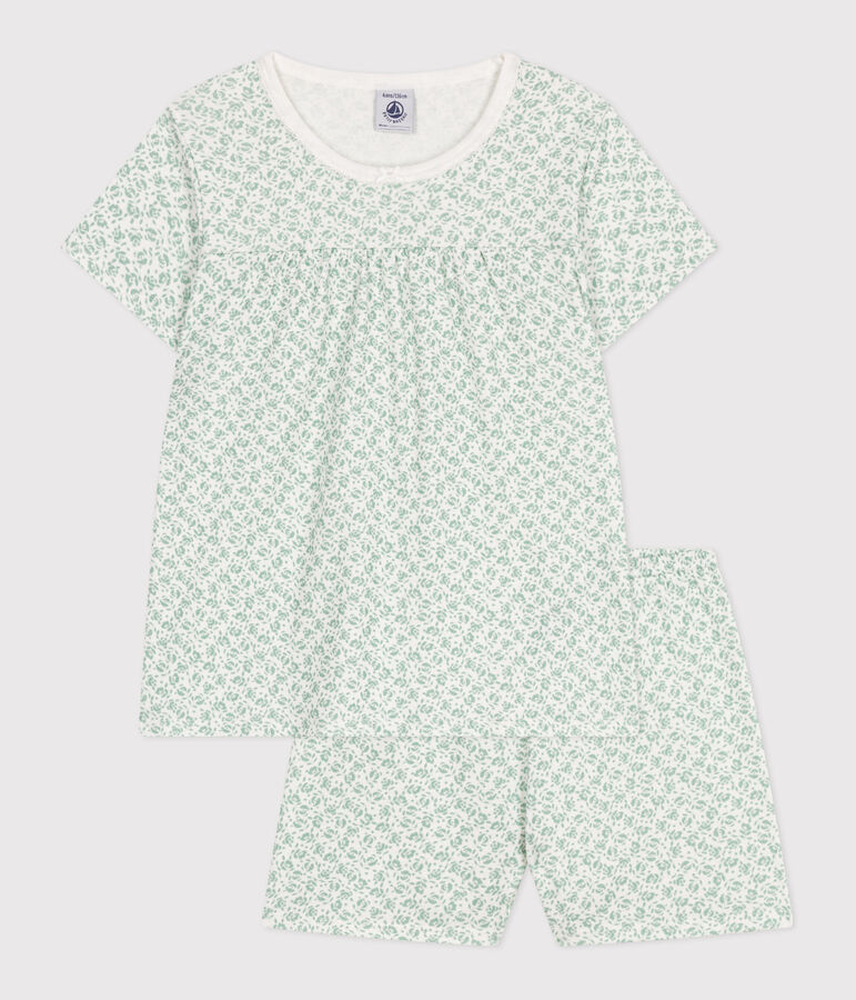 Children's floral print short cotton pyjamas white/green