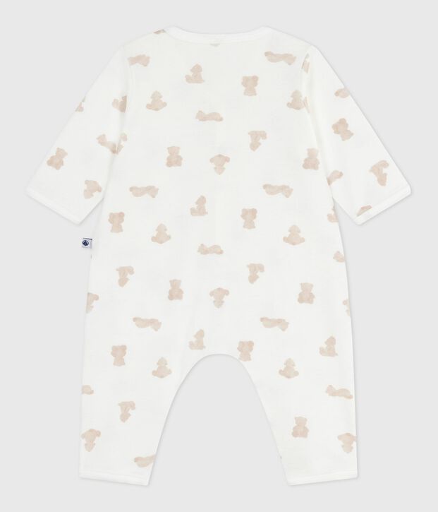 Babies' footless bear-print cotton pyjama suit white/BRUN