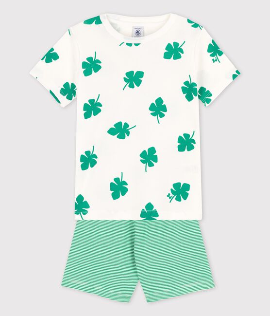 Boys' Palm Themed Organic Cotton Short Pyjamas MARSHMALLOW white/GAZON green