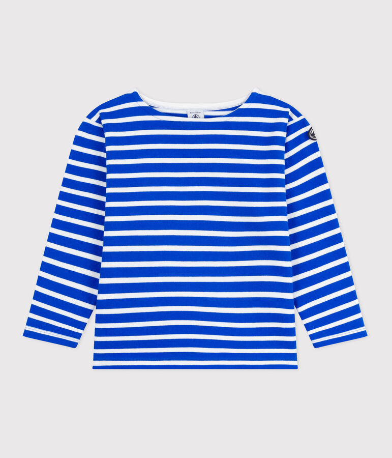 Children's unisex long-sleeved cotton Breton top PERSE blue/MARSHMALLOW white