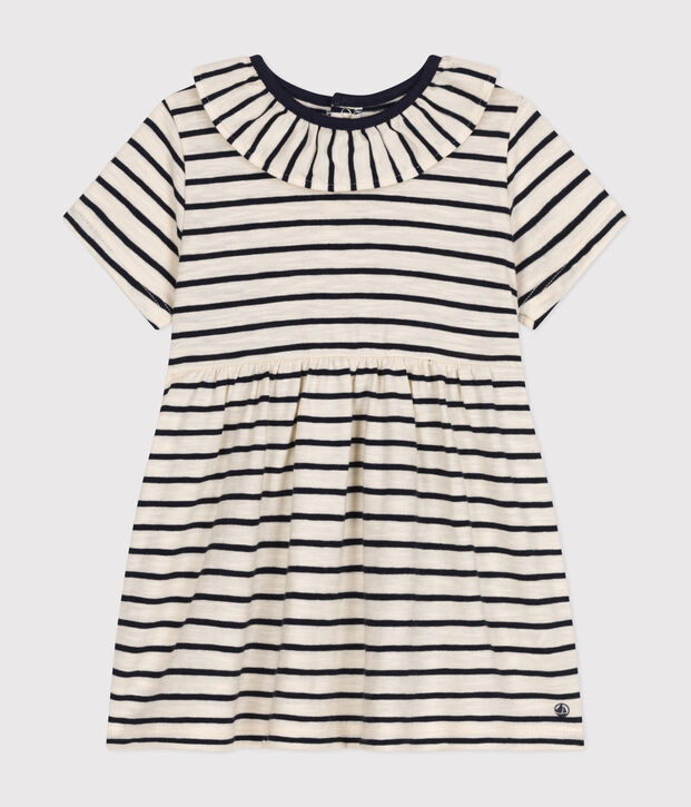 Babies' Short-Sleeved Slub Jersey Dress Ecru/blue