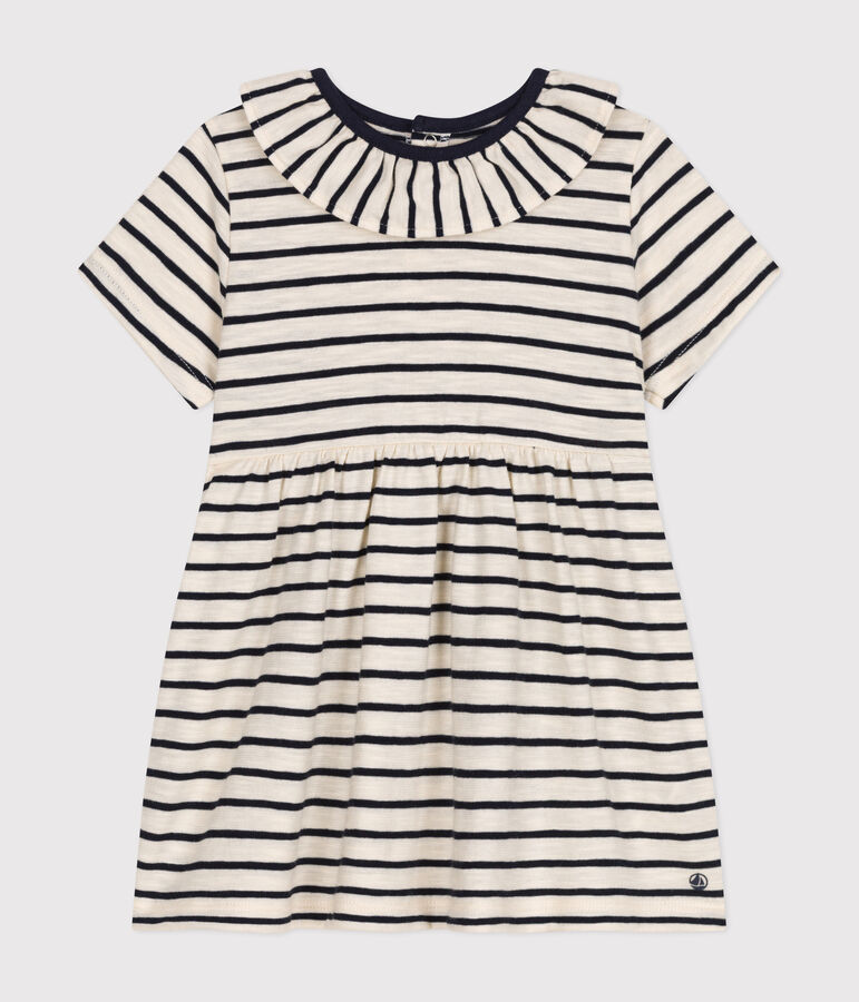Babies' Short-Sleeved Slub Jersey Dress Ecru/blue