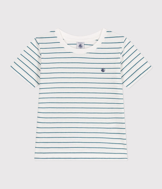 Children's short-sleeved stripy cotton T-shirt MARSHMALLOW green/DRAGONFLY