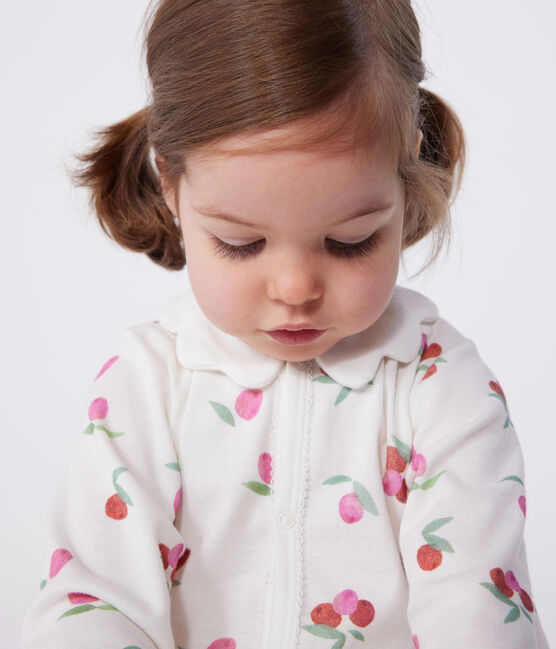 Babies' cotton pyjamas with a fruit pattern petal collar MARSHMALLOW white/MULTICO white