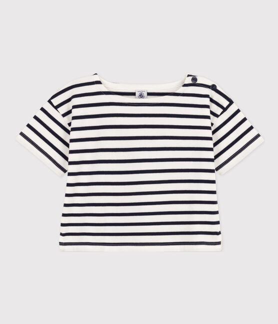 Girls' Stripy Short-Sleeved Cotton T-Shirt MARSHMALLOW white/SMOKING blue