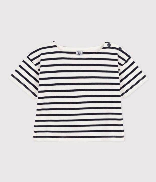 Girls' Stripy Short-Sleeved Cotton T-Shirt white/blue