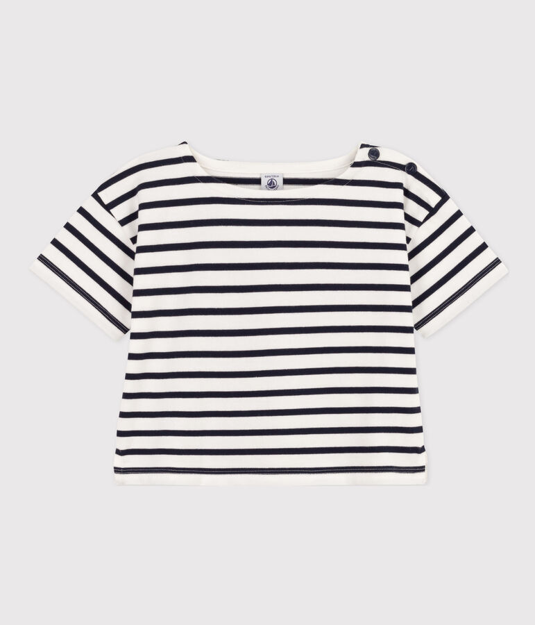 Girls' Stripy Short-Sleeved Cotton T-Shirt white/blue