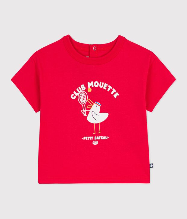 Babies' short-sleeved cotton T-shirt with a seagull motif red