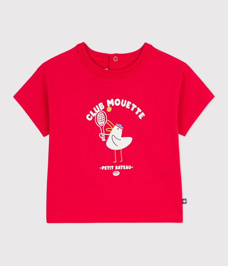 Babies' short-sleeved cotton T-shirt with a seagull motif red