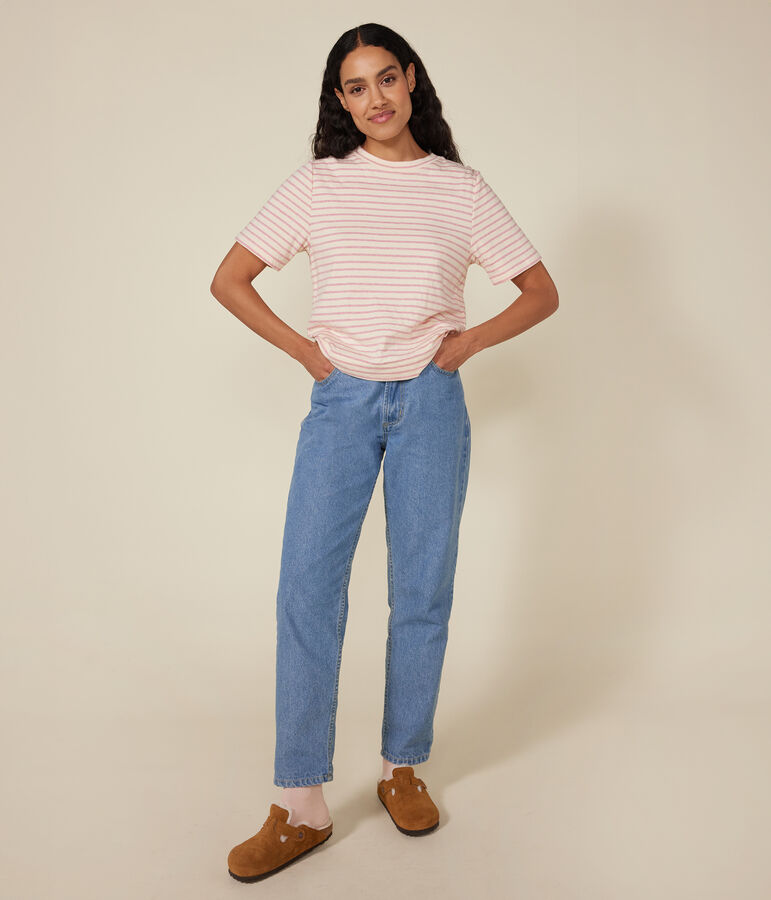 Women's Boxy tube knit T-shirt Ecru/pink