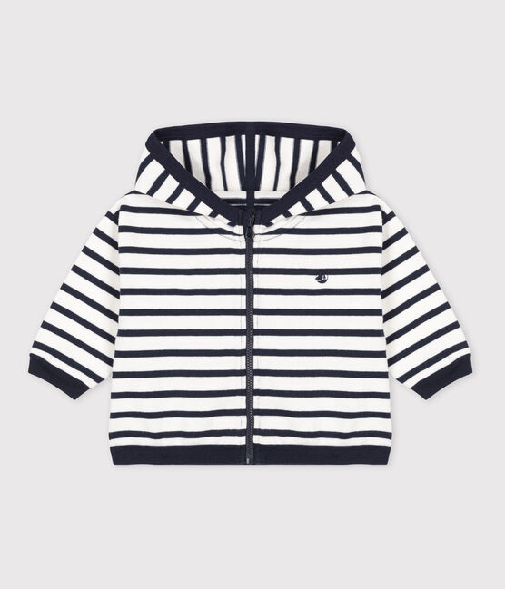 Babies' Stripy Thick Jersey Breton Hoodie MARSHMALLOW white/SMOKING blue