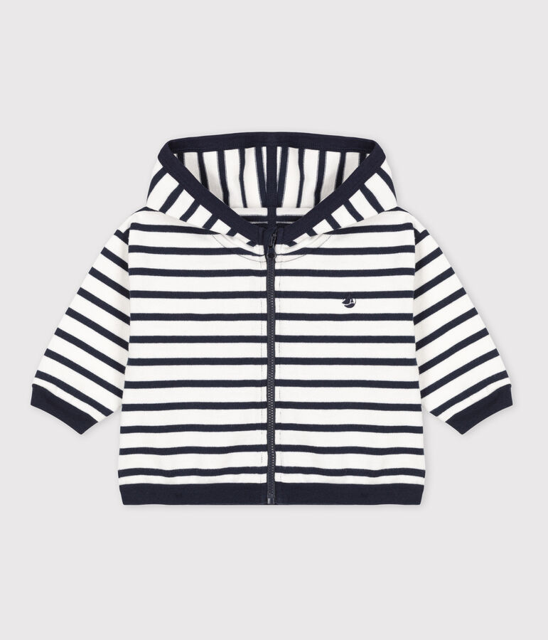 Babies' Stripy Thick Jersey Breton Hoodie white/blue