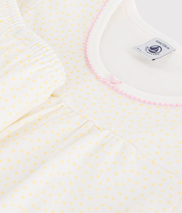 Children's cotton pyjamas with shorts with a gathered waist and polka dot print yellow/white