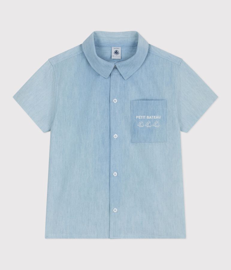Children's short-sleeved cotton shirt BLEU CLAIR blue