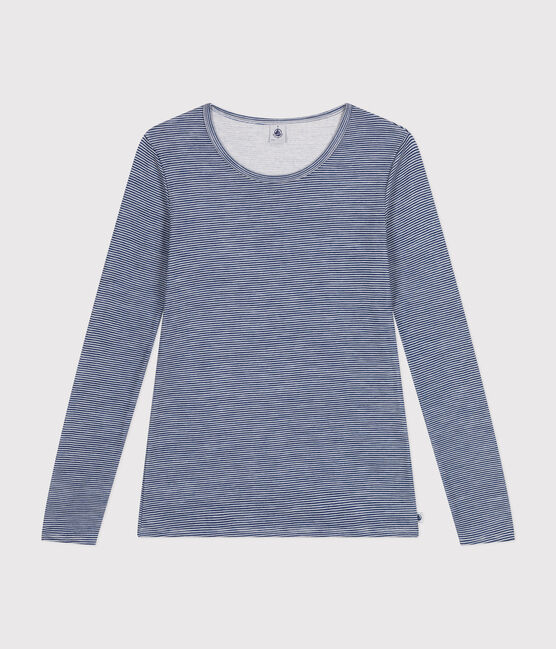 Women's long-sleeved striped wool and cotton T-shirt MEDIEVAL blue/MARSHMALLOW white