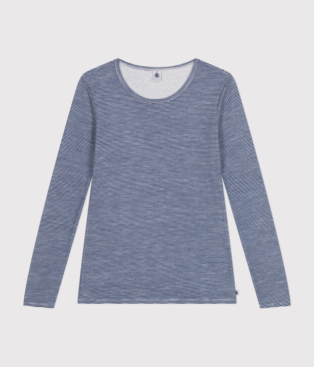 Women's long-sleeved striped wool and cotton T-shirt blue/white