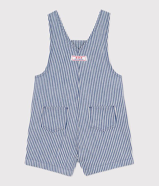 Babies' short stripy twill dungarees CREPUSCULE blue/MARSHMALLOW