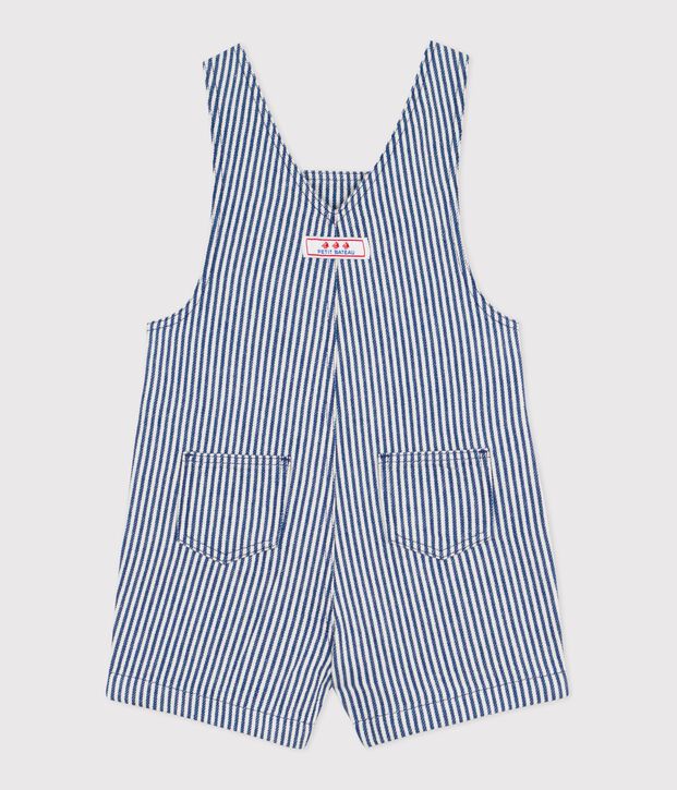 Babies' short stripy twill dungarees blue/white