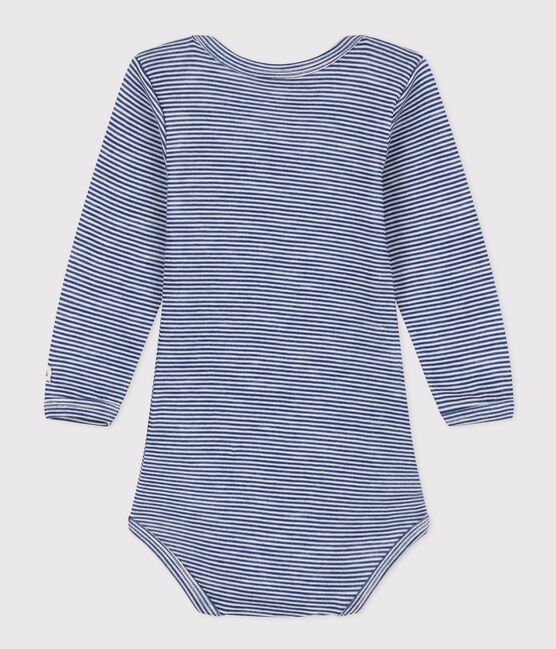 LONG-SLEEVED STRIPED WOOL AND COTTON BABYGROW MEDIEVAL blue/MARSHMALLOW white