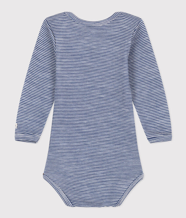 LONG-SLEEVED STRIPED WOOL AND COTTON BABYGROW blue/white