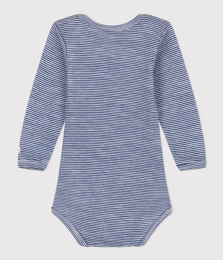 LONG-SLEEVED STRIPED WOOL AND COTTON BABYGROW blue/white
