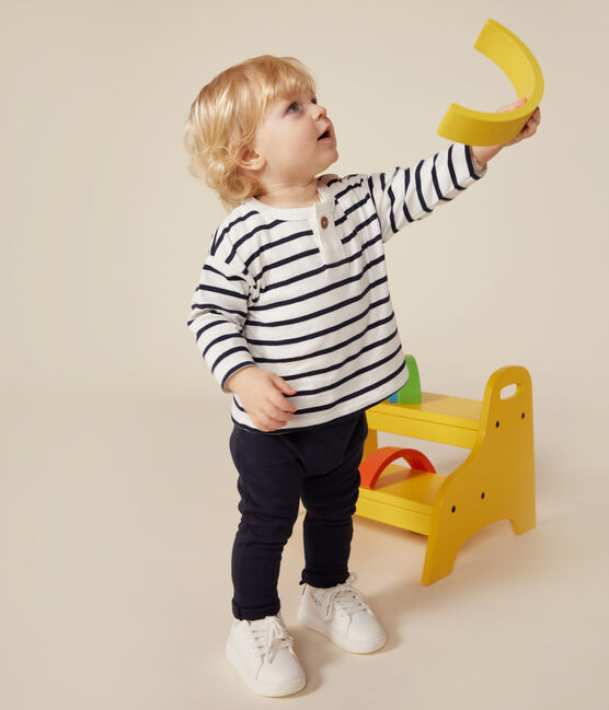 Babies' long-sleeved cotton T-Shirt MARSHMALLOW white/SMOKING blue