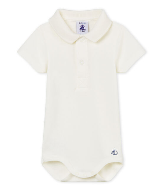Baby boys' plain bodysuit with polo shirt collar MARSHMALLOW white