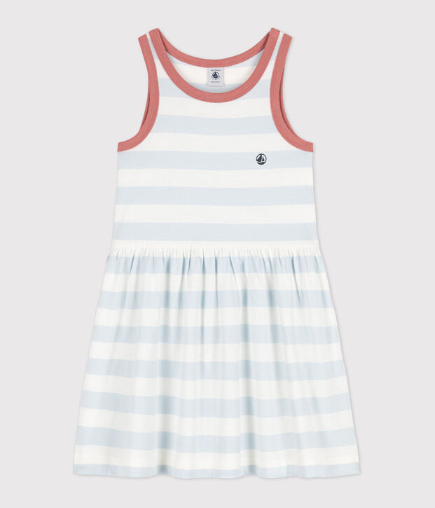 Girls' Sleeveless Stripy Cotton Dress blue/white