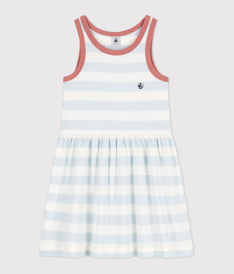 Girls' Sleeveless Stripy Cotton Dress PLEINAIR /MARSHMALLOW