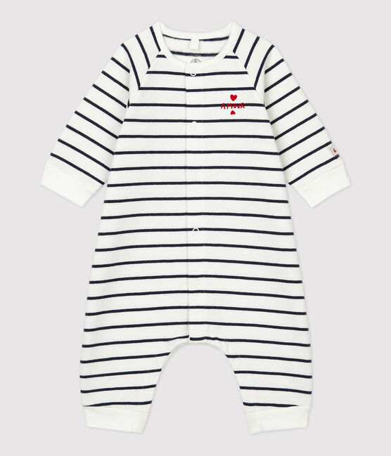 Babies' Sailor Striped Organic Cotton Fleece Jumpsuit MARSHMALLOW white/SMOKING blue
