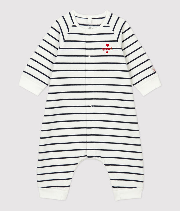 Babies' Sailor Striped Organic Cotton Fleece Jumpsuit white/blue