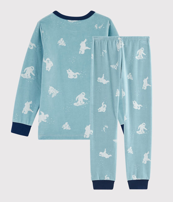 Boys' Yeti Print Velour Pyjamas BRUME blue/MARSHMALLOW
