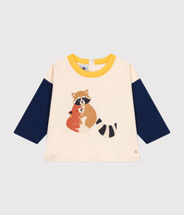 Babies' long-sleeved fine jersey T-shirt Ecru/blue