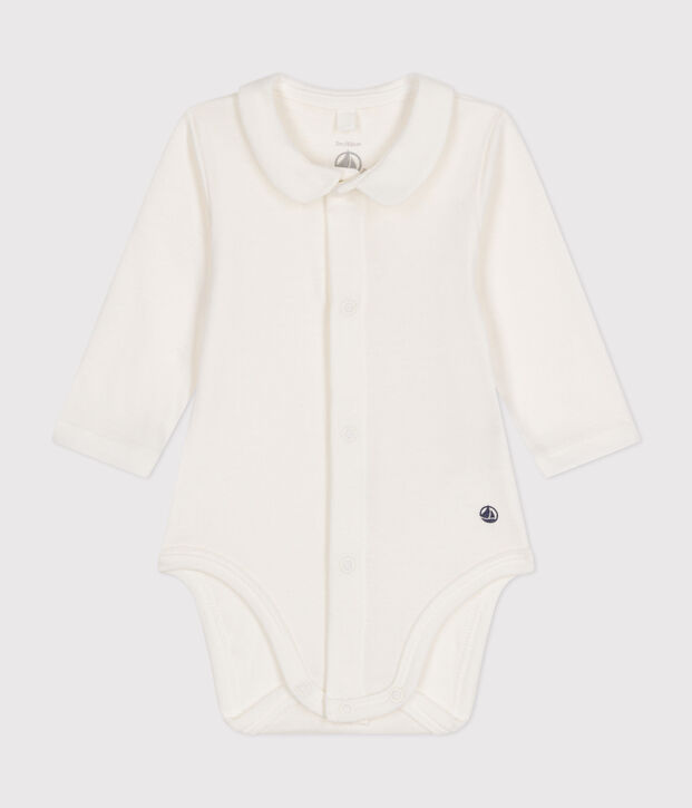 Babies' Long-Sleeved Cotton Bodysuit With Collar white