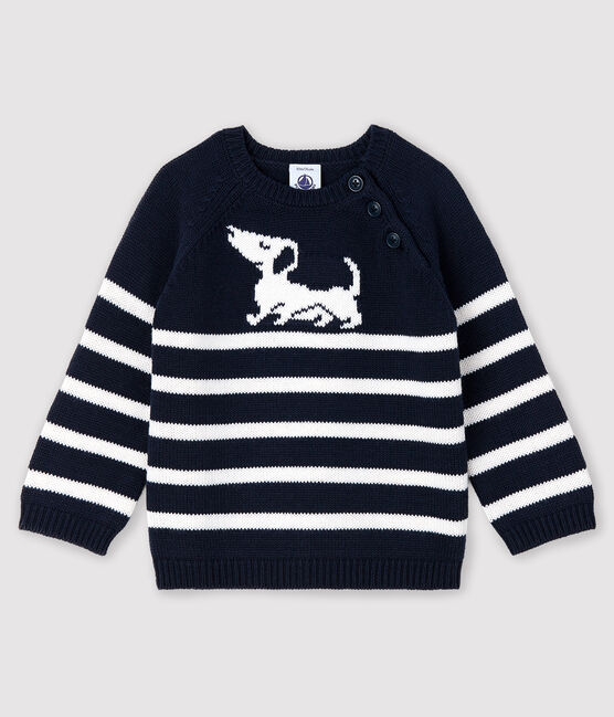 Baby boy's stripy pullover with motif SMOKING blue/MARSHMALLOW white