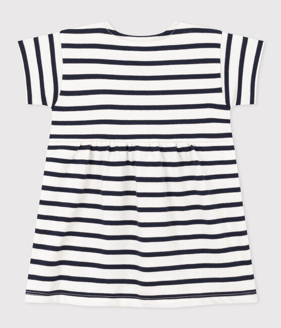 Babies' Striped Short-Sleeved Thick Jersey Dress MARSHMALLOW white/SMOKING blue