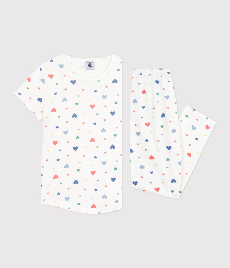 Children's printed cotton pyjamas with short sleeves and long legs white/multicolor