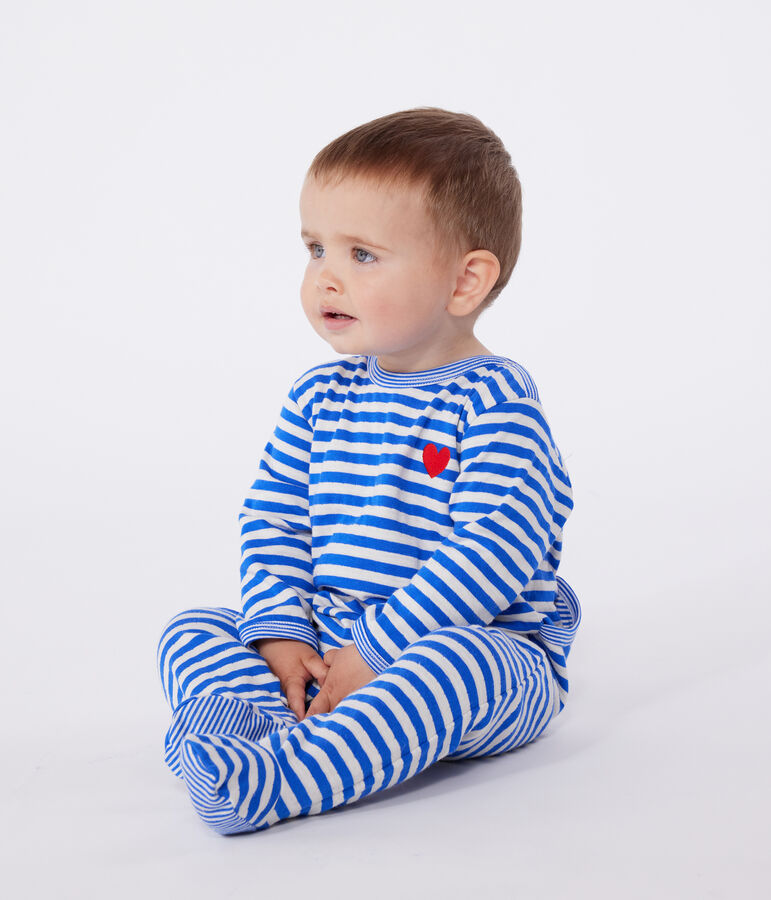 Babies' stripy tube knit pyjamas with a back opening blue/ecru