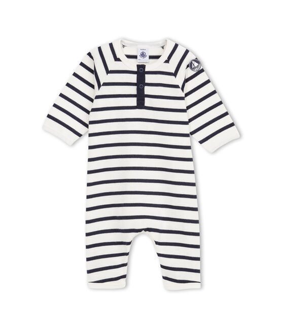 Baby boy coverall in striped heavy jersey COQUILLE beige/ABYSSE blue