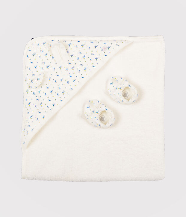 Babies' Square Bath Towel and Bootees Set in Terry and Rib Knit white/multicolor