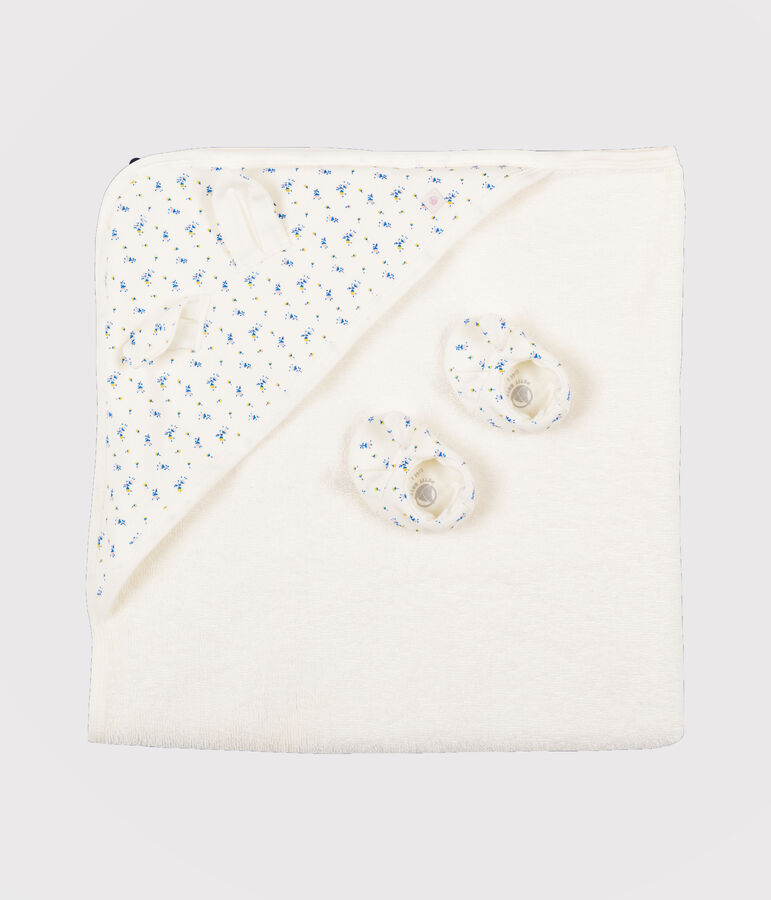 Babies' Square Bath Towel and Bootees Set in Terry and Rib Knit white/multicolor