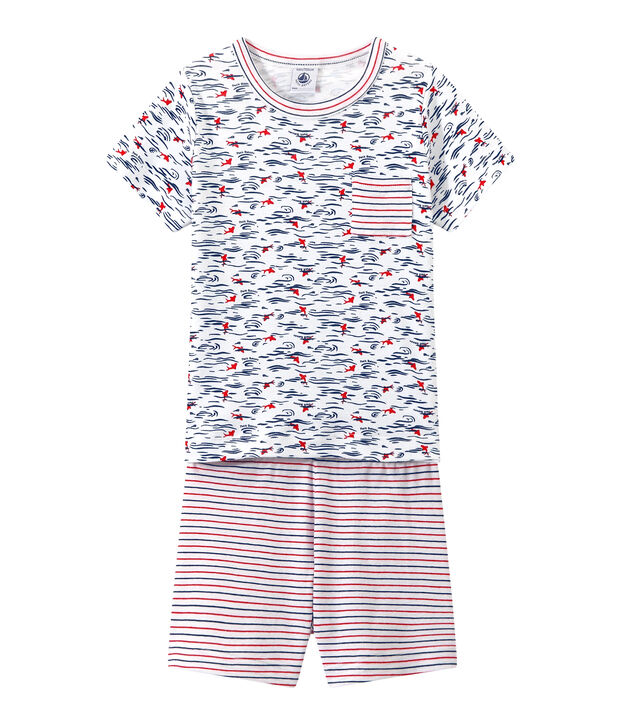 Boy's shortie pyjamas with print and stripes white/blue/multicolor
