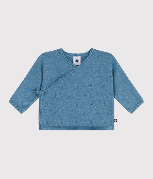 Babies' wool and cotton openwork knit wrapover top blue