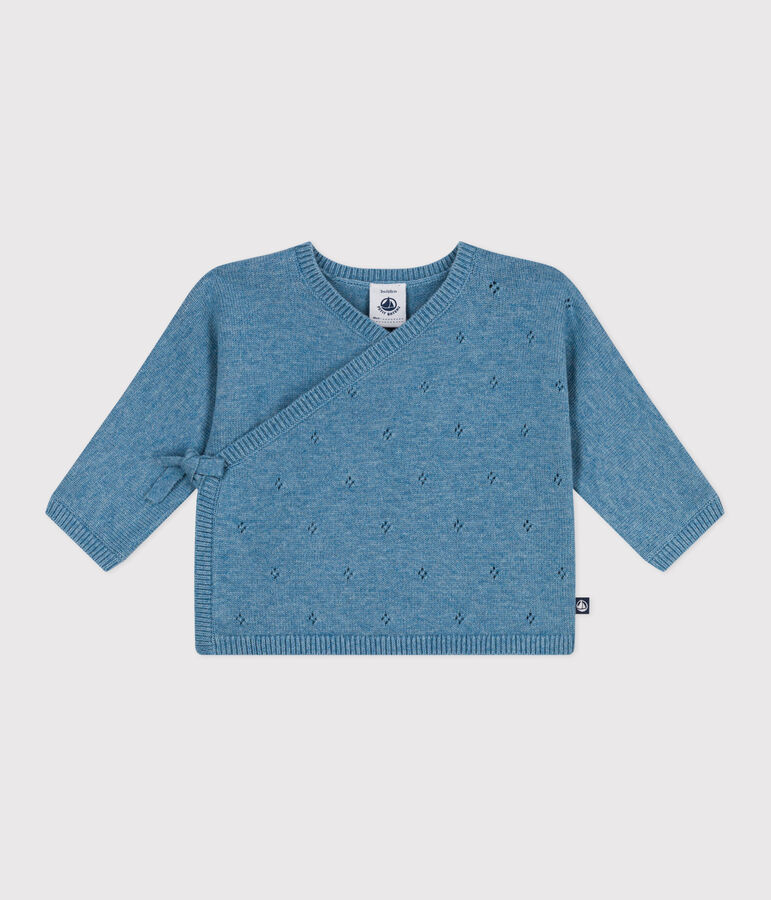 Babies' wool and cotton openwork knit wrapover top blue